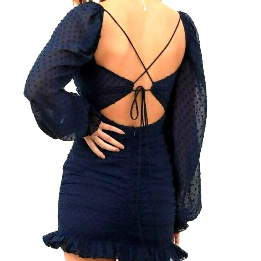 LUCY IN THE SKY XS Navy Blue Mini Dress Ruched Swiss Dot Sheer Balloon Sleeves - Picture 2 of 9